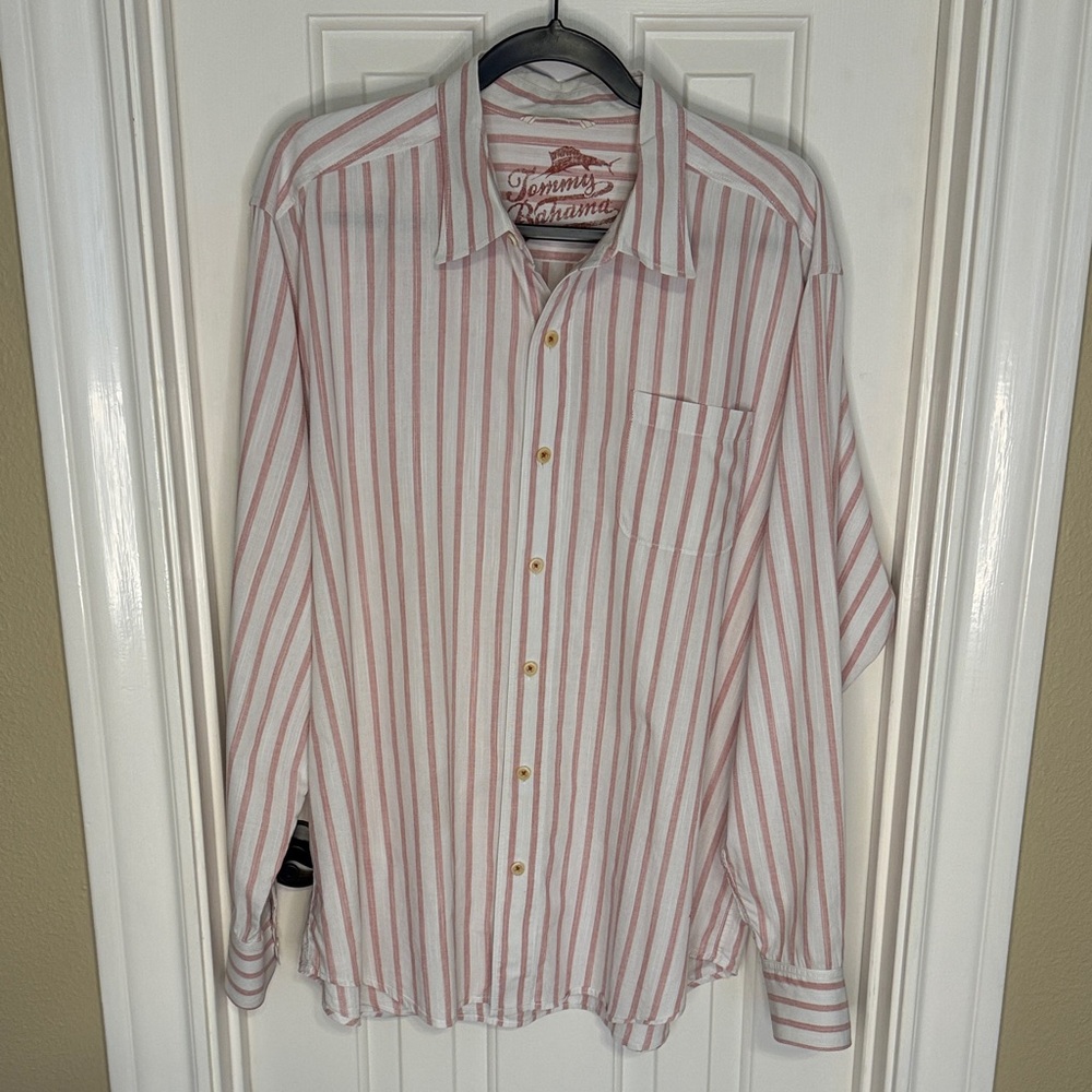 Tommy Bahama Men's Casual Striped Shirt - Pink and White